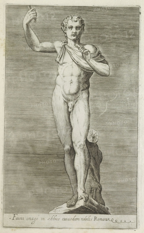 Sculpture of a faun, Fauni imago in aedibus cuiusdam nobilis Romani, Ancient sculptures in Rome, Antiquarum statuarum urbis Romae quae in publicis locis visuntur icones, print, album page, Caption in Latin. Print is part of an album., number: '33', printmaker, publisher, Rome, Italy, paper, engraving, height 221 mm x width 135 mm, This print is part of a set of 79 prints (title print) depicting ancient sculptures in Rome., piece of sculpture, reproduction of a piece of sculpture, satyrs, fauns, Sileni, A detailed engraved depiction of a nude male statue standing on a rocky base, shown from head to feet, with one arm raised and holding a short rod and the other arm bent across the chest holding a draped cloth, curly hair, defined musculature, and a small round wheel-like object positioned near the figure’s lower leg, all set against a horizontally lined background within a bordered rectangular frame.