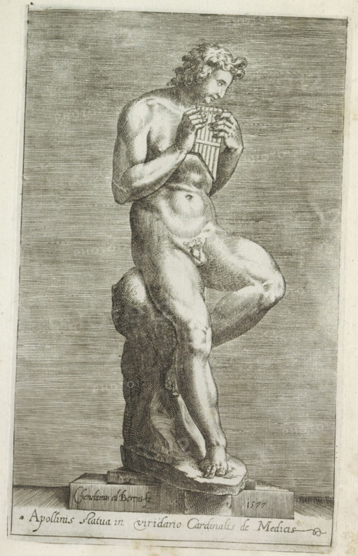 Apollinis statua in viridario cardinalis de Medicis, Sculpture of Apollo, Antiquarum statuarum urbis Romae quae in publicis locis visuntur icones, Ancient sculptures in Rome, print, album page, Caption in Latin. Print is part of an album., printmaker: Cherubino Alberti, Italy, publisher: Andrea Vaccari, Rome, 1577, paper, engraving, height 222 mm x width 136 mm, This print is part of a set of 79 prints (title print) depicting ancient sculptures in Rome., piece of sculpture, reproduction of a piece of sculpture, (story of) Apollo (Phoebus), A monochrome engraving of a nude male figure standing on a carved stone base, shown in three-quarter view with one leg raised and resting on a rock-like support, the other foot planted on the base; the figure has curly hair and is holding a pan flute to his mouth with both hands, gaze directed downward toward the instrument; musculature and anatomical details are rendered with fine crosshatching and shading, and the background consists of closely spa...