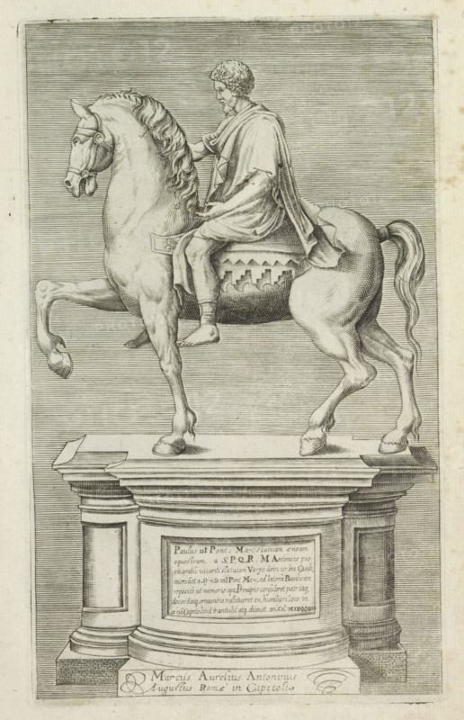 Equestrian statue of Marcus Aurelius, Ancient sculptures in Rome, Antiquarum statuarum urbis Romae quae in publicis locis visuntur icones, print, album page, The equestrian statue of Marcus Aurelius in Piazza del Campidoglio in Rome. Caption in Latin. Print is part of an album., number: '5', printmaker, publisher, Rome, Italy, paper, engraving, height 224 mm x width 144 mm, This print is part of a set of 79 prints (title print) depicting ancient sculptures in Rome., Person, Marcus Aurelius (Emperor of the Roman Empire), piece of sculpture, reproduction of a piece of sculpture, ruler, sovereign, equestrian state-portrait, A grayscale engraving shows a man seated on a rearing horse atop a stepped pedestal; the man wears a draped cloak and sandals and has short curly hair and a beard, his arm extended toward the horse's neck. The horse is shown in profile with a raised foreleg, a flowing mane and tail, and a decorative bridle and saddlecloth. The pedestal beneath them features architectur...