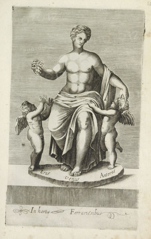 Sculpture group with Venus between Eros and Anteros, Ancient sculptures in Rome, Antiquarum statuarum urbis Romae quae in publicis locis visuntur icones, print, album page, Caption in Latin. Print is part of an album., number: '35', printmaker, publisher, Rome, Italy, paper, engraving, height 222 mm x width 134 mm, This print is part of a set of 79 prints (title print) depicting ancient sculptures in Rome., piece of sculpture, reproduction of a piece of sculpture, (story of) Venus (Aphrodite), Eros and Anteros, A seated classical female figure rendered in an engraving sits on a rounded plinth draped in a flowing cloth around her waist and over one shoulder, one bare arm extended holding a small cluster of rounded objects and the other arm resting toward a small winged child who reaches up and touches her thigh; two small winged children stand at her feet, one on each side, each depicted nude with curly hair and feathered wings, one reaching toward the object in her hand and the other l...