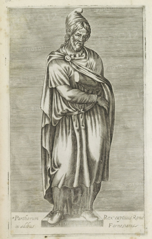 Sculpture of a barbarian prisoner, Parthorum rex captivis Romae in aedibus Farnesianis, Ancient sculptures in Rome, Antiquarum statuarum urbis Romae quae in publicis locis visuntur icones, print, album page, Caption in Latin. Print is part of an album., number: '36', printmaker, publisher, Rome, Italy, paper, engraving, height 222 mm x width 134 mm, This print is part of a set of 79 prints (title print) depicting ancient sculptures in Rome., piece of sculpture, reproduction of a piece of sculpture, prisoner of war (after the battle), A monochrome engraving of a standing bearded man wearing a pointed cap and draped garments, shown full length on a rectangular plinth. His head tilts slightly and his facial features show a beard and wavy hair. A cloak fastened at one shoulder drapes across his chest and around his arms, with folds and layered fabric falling to his sandals. One arm crosses his body beneath the cloak while the other rests near his waist, and a belt or tie gathers the robe a...