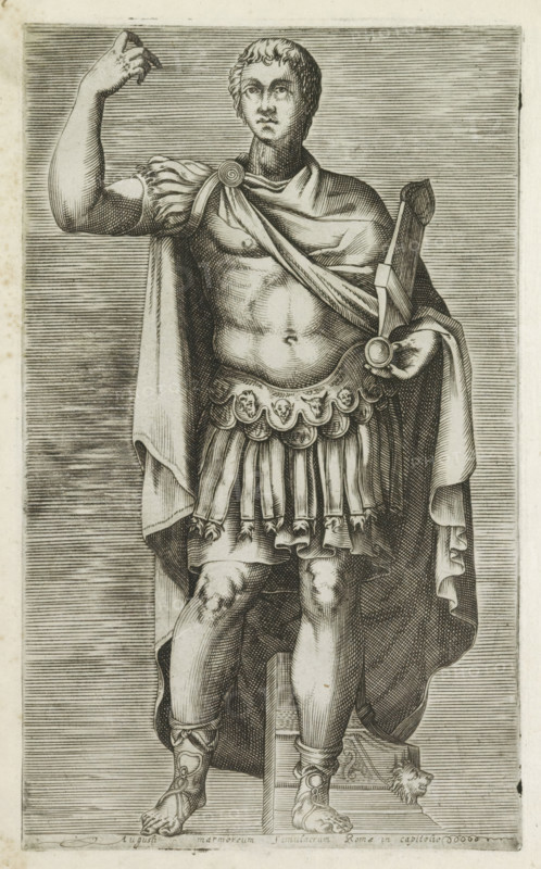 Sculpture of Emperor Augustus, Augusti marmoreum simulacrum Romae in Capitolio, Antiquarum statuarum urbis Romae quae in publicis locis visuntur icones, Ancient sculptures in Rome, print, album page, Caption in Latin. Print is part of an album., number: '37', printmaker, publisher, Rome, Italy, paper, engraving, height 222 mm x width 134 mm, This print is part of a set of 79 prints (title print) depicting ancient sculptures in Rome., Person, Augustus (emperor of the Roman Empire), piece of sculpture, reproduction of a piece of sculpture, (story of) Augustus, the Roman emperor, A black and white engraving of a standing male figure in classical armor and draped cloak, shown from head to feet on a lined background. The figure has short curled hair and a neutral facial expression, with one arm raised and the other holding a circular object near the waist. The torso is bare beneath a diagonally draped cloak fastened at one shoulder, and the waist is encircled by a decorated military skirt w...