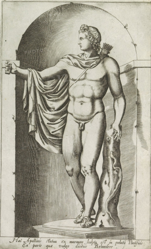 Haec Apollinis statua ex marmore sculpta est in palatij pontificis, Sculpture of Apollo, Apollo Belvedere, Ancient sculptures in Rome, Antiquarum statuarum urbis Romae quae in publicis locis visuntur icones, print, album page, Latin caption. Print is part of an album., number: '37', printmaker, publisher, Rome, Italy, paper, engraving, height 222 mm x width 134 mm, After an ancient statue in the Vatican Museums in Vatican City. This print is part of a set of 79 prints (title print) depicting ancient sculptures in Rome., piece of sculpture, reproduction of a piece of sculpture, (story of) Apollo (Phoebus), A black and white engraved image of a classical male statue standing on a plinth inside a recessed niche, shown in three-quarter profile facing left; the figure is nude except for a draped cloak over one shoulder and a quiver of arrows on his back, with curly hair and a relaxed contrapposto pose; one arm is extended to the left holding a small rectangular object while the other hand r...