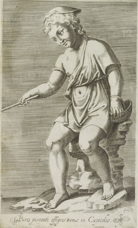 Pueri piscanti effigies Romae in Capitolio, Sculpture of a fishing boy, Ancient sculptures in Rome, Antiquarum statuarum urbis Romae quae in publicis locis visuntur icones, print, album page, Caption in Latin. Print is part of an album., number: '38', printmaker, publisher, Rome, Italy, paper, engraving, height 222 mm x width 134 mm, This print is part of a set of 79 prints (title print) depicting ancient sculptures in Rome., piece of sculpture, reproduction of a piece of sculpture, fisherman, A monochrome engraving of a seated young figure wearing a short draped garment and a small cap, shown in a three-quarter view with curly hair and a downward gaze, one arm extended holding a slender rod while the other hand rests on a shallow woven basket; the figure sits on a rough stacked stone support with bare feet on uneven ground, and the background is filled with closely spaced horizontal lines.