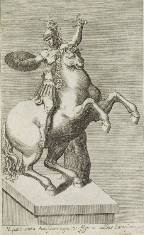 Sculpture of a Roman soldier on horseback, Aequitis contra amosonem, Antiquarum statuarum urbis Romae quae in publicis locis visuntur icones, Ancient sculptures in Rome, print, album page, Caption in Latin. Print is part of an album., number: '7', printmaker, publisher, Rome, Italy, paper, engraving, height 224 mm x width 144 mm, The sculpture is located in the Museo archeologico Nazionale di Napoli. This print is part of a set of 79 prints (title print) depicting ancient sculptures in Rome., piece of sculpture, reproduction of a piece of sculpture, the soldier, the soldier's life, A monochrome engraving showing a mounted warrior on a rearing horse, both positioned on a rectangular plinth. The warrior wears a helmet with a plume, a short tunic with decorative skirt, and a breastplate, and he holds a curved sword raised above his head in one hand and a round shield in the other. The horse has a flowing mane and tail and is depicted with its front legs lifted and its hind legs braced on ...