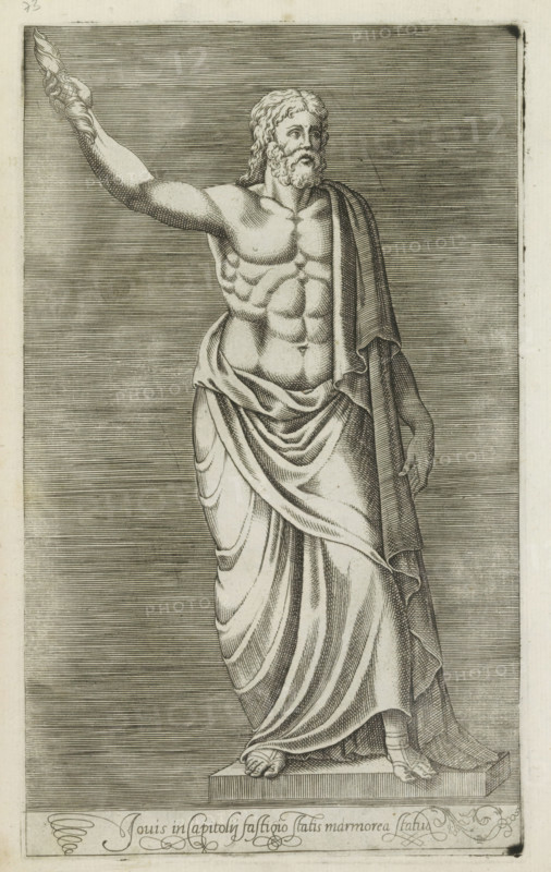 Sculpture of Jupiter, Jovis in Capitolij fastigio statis marmorea statue, Ancient sculptures in Rome, Antiquarum statuarum urbis Romae quae in publicis locis visuntur icones, print, album page, Caption in Latin. Print is part of an album., number: '41', printmaker, publisher, Rome, Italy, paper, engraving, height 224 mm x width 135 mm, This print is part of a set of 79 prints (title print) depicting ancient sculptures in Rome., piece of sculpture, reproduction of a piece of sculpture, (story of) Jupiter (Zeus), A monochrome engraving of a classical male statue shown from head to feet, standing on a rectangular plinth. The figure has curly hair and a beard and a muscular, torso with defined abs and chest. One arm is raised and holds a torchlike object, while the other arm hangs by the side beneath a draped cloak. The statue is partially draped in flowing cloth that wraps around the waist and falls in layered folds to the feet, which are sandal-clad and positioned on the plinth. The back...
