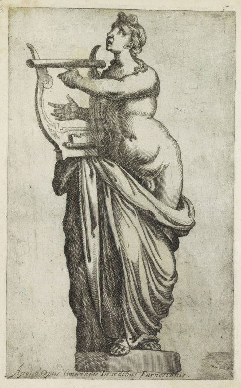 Sculpture of Apollo, Apollo opus timanlidis in aedibus Farnesianis, Antiquarum statuarum urbis Romae quae in publicis locis visuntur icones, Ancient sculptures in Rome, print, album page, Caption in Latin. Print is part of an album., number: '42', printmaker, publisher, Rome, Italy, paper, engraving, height 224 mm x width 135 mm, This print is part of a set of 79 prints (title print) depicting ancient sculptures in Rome., piece of sculpture, reproduction of a piece of sculpture, (story of) Apollo (Phoebus), attributes of Apollo, A monochrome engraving of a standing classical figure with a partially draped body, turned slightly to the side and looking upward, holding a lyre-like musical instrument against a vertical support; the figure has stylized curly hair, defined musculature, and a cloth wrapped around the lower body that falls in long, detailed folds to the base where sandal-clad feet rest on a rectangular plinth, all set against a plain textured background.