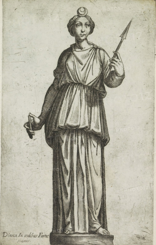 Sculpture of Diana, Diana in aedibus Farnesianis, Antiquarum statuarum urbis Romae quae in publicis locis visuntur icones, Ancient sculptures in Rome, print, album page, Caption in Latin. Print is part of an album., number: '42', printmaker, publisher, Rome, Italy, paper, engraving, height 224 mm x width 135 mm, This print is part of a set of 79 prints (title print) depicting ancient sculptures in Rome., piece of sculpture, reproduction of a piece of sculpture, (story of) Diana (Artemis), attributes of Diana, A monochrome engraving of a standing female figure wearing a long draped gown and cloak, shown full length on a plinth, with hair styled back and a circular ornament resting above the head; she holds a spearlike object upright in one hand and a small object held between fingers in the other, with detailed linear shading indicating folds in the fabric and crosshatching on the cloak and background.