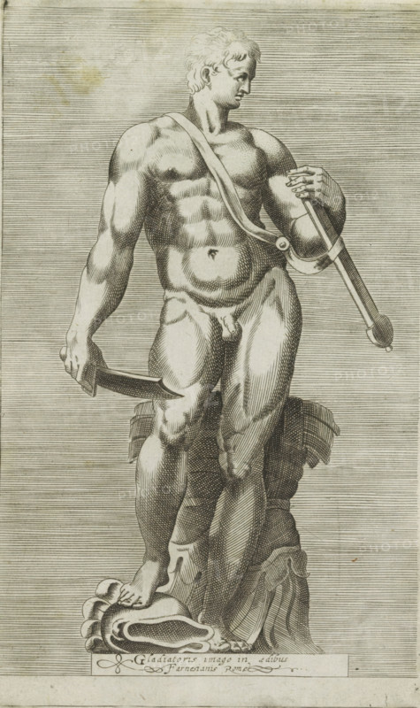 Gladiatoris imago in aedibus Farnesianis Romae, Sculpture of a gladiator, Antiquarum statuarum urbis Romae quae in publicis locis visuntur icones, Ancient sculptures in Rome, print, album page, Caption in Latin. Print is part of an album., number: '43', printmaker, publisher, Rome, Italy, paper, engraving, height 224 mm x width 135 mm, This print is part of a set of 79 prints (title print) depicting ancient sculptures in Rome., piece of sculpture, reproduction of a piece of sculpture, fight of gladiators, A monochrome engraving of a nude male figure standing on a textured base, shown from head to toes, with a muscular torso and defined limbs; he looks to his side with short wavy hair and holds a curved blade in one hand while the other hand grips a long handled object resting against his shoulder and torso; a strap crosses his chest and a draped cloth hangs behind his legs; the background consists of closely spaced horizontal lines and the image has an aged paper appearance.