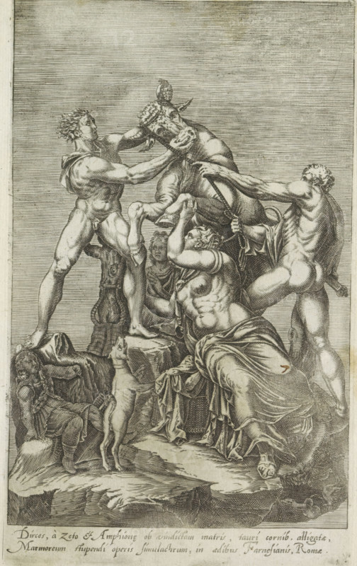 Sculpture of Dirce being tied to a bull, Farnese Bull, Dirces, à zeto et Amphione ob vindictam matris, Antiquarum statuarum urbis Romae quae in publicis locis visuntur icones, Antique sculptures in Rome, print, album page, Antique sculpture known as the Farnese Taurus. The brothers Amphion and Zethus tie Dirce's braided hair to the horns of a bull. Caption in Latin. Print is part of an album., number: '43', printmaker, publisher, Rome, Italy, paper, engraving, height 224 mm x width 135 mm, Print after the ancient sculpture known as the Farnese Bull in the Museo Archeologico Nazionale Napoli in Naples. This print is part of a set of 79 prints (title print) depicting ancient sculptures in Rome., piece of sculpture, reproduction of a piece of sculpture, Amphion and Zethus avenge their mother by tying Dirce to the horns of a bull, A monochrome engraving showing a group of muscular, partially draped and nude figures struggling with a bull; one figure on the left grips the bull by the head w...