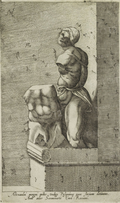 Sculpture of Pasquino, Alexandri magni miles, vulgo Pasquinus cum Focium detinens, Ancient sculptures in Rome, Antiquarum statuarum urbis Romae quae in publicis locis visuntur icones, print, album page, next to the Palazzo Braschi, one of the talking statues in Rome. Caption in Latin. Print is part of an album., number: '44', printmaker, publisher, Rome, Italy, paper, engraving, height 219 mm x width 131 mm, This print is part of a set of 79 prints (title print) depicting ancient sculptures in Rome., piece of sculpture, reproduction of a piece of sculpture, communication by means of 'statue parlanti', such as Marforio and Pasquino in Rome, A monochrome engraving showing a sculpted male torso and separate carved headless torso placed on a ledge against a textured wall, the standing torso viewed in three-quarter profile with a turned head wearing a head covering and a draped cloth around the waist, the muscles and contours rendered with cross-hatching, the detached torso in front display...