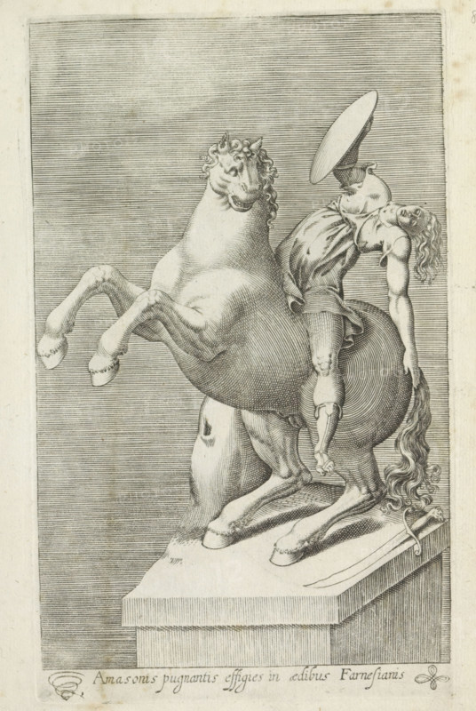 Amasonis pugnantis effigies in aedibus Farnesianis, Sculpture of an Amazon on horseback, Ancient sculptures in Rome, Antiquarum statuarum urbis Romae quae in publicis locis visuntur icones, print, album page, Caption in Latin. Print is part of an album., number: '7', printmaker, publisher, Rome, Italy, paper, engraving, height 224 mm x width 144 mm, The image is located in the Museo archeologico Nazionale di Napoli. This print is part of a set of 79 prints (title print) depicting ancient sculptures in Rome., piece of sculpture, reproduction of a piece of sculpture, (story of) the Amazons, A detailed line engraving shows a rearing horse with a muscular body, curled mane, and lifted front legs, standing on a raised rectangular plinth; a partially reclined armored figure sits astride the horse's hindquarters with one arm extended backward and the head tilted back, long wavy hair falling down, and a circular shield held above the torso; the background is filled with closely spaced horizont...