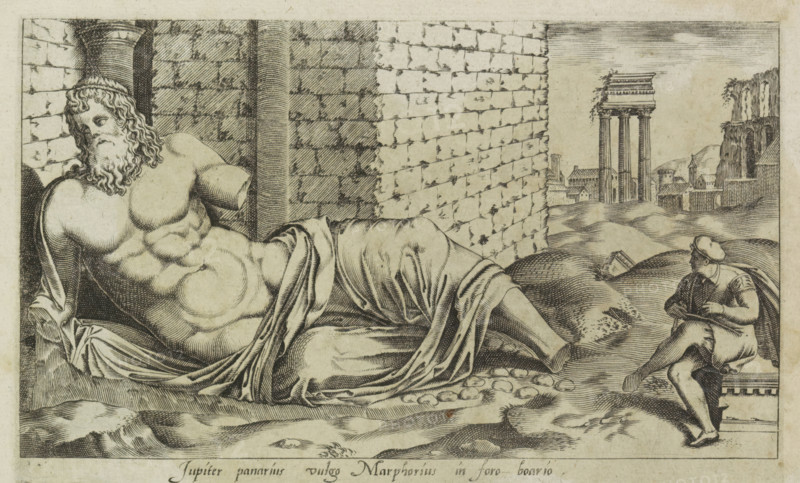 Sculpture of Marforio, Jupiter panarius vulgo Marphorius in foro boario, Ancient sculptures in Rome, Antiquarum statuarum urbis Romae quae in publicis locis visuntur icones, print, album page, one of the talking statues in Rome. Caption in Latin. Print is part of an album., number: '44', printmaker, publisher, Rome, Italy, paper, engraving, height 134 mm x width 220 mm, This print is part of a set of 79 prints (title print) depicting ancient sculptures in Rome., piece of sculpture, reproduction of a piece of sculpture, communication by means of 'statue parlanti', such as Marforio and Pasquino in Rome, Forum Romanum, A large reclining male figure with curly hair and a beard lies against a stone wall and column, his muscular torso partially covered by draped cloth, while a smaller seated figure wearing a cap and cloak sits on a block facing him; the scene includes a textured ground with rounded shapes, a distant architectural grouping of tall columned ruins and smaller buildings, and ver...