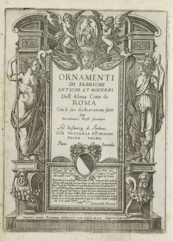 Title print with allegorical figures and putti, Ornamenti di fabriche antichi et moderni dell' alma citta di Roma, Modern and ancient monuments and buildings in Rome, print, album page, title print, Print is part of an album., number: '45', printmaker: Giovanni Maggi, Rome, after drawing by Giovanni Maggi, publisher: Andrea Vaccari, Italy, grantor of privilege: Papal Court, Vatican City, dedicated by: Andrea Vaccari, dedicated to: Amerigo Capponi, 1576 - 1618, 1600, Giovanni Maggi, Andrea Vaccari, Papal Court, Amerigo Capponi, printmaker, after drawing by, publisher, grantor of privilege, paper, etching, height 215 mm x width 157 mm, Title print with a series of 20 prints., cupids: 'amores', 'amoretti', 'putti', ornaments, art, A detailed engraved architectural frame fills the image, with two classical figures standing on either side holding long staffs, draped garments and flowing hair, and a central rectangular panel topped by a decorative mask and flanked by draped fabric and winged...