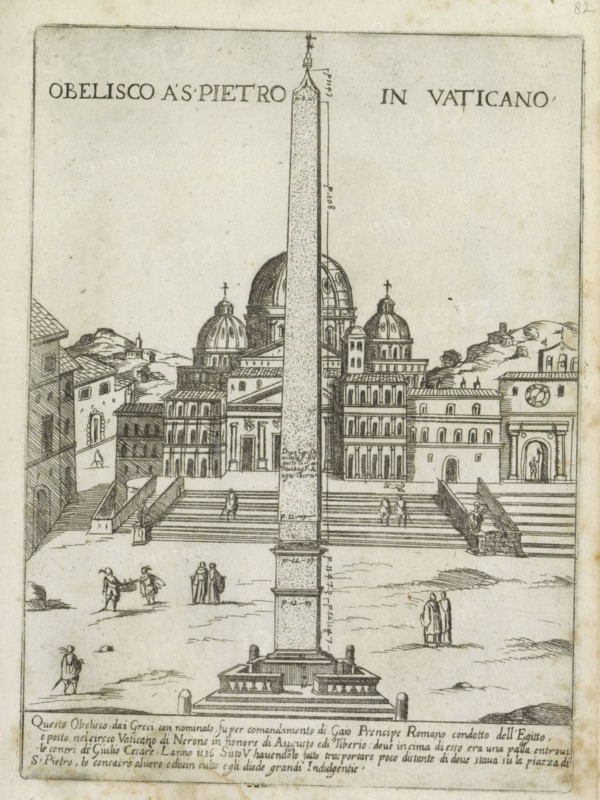 Vatican Obelisk, Obelisco a S. Pietro in Vaticano, Modern and ancient monuments and buildings in Rome, Ornamenti di fabriche antichi et moderni dell' alma citta di Roma, print, album page, The Vatican Obelisk in St. Peter's Square in Vatican City. In the background St. Peter's Basilica. Italian text in bottom margin. Print is part of an album., number: '45', printmaker: Giovanni Maggi, Rome, after drawing by Giovanni Maggi, publisher: Andrea Vaccari, Italy, grantor of privilege: Papal Court, Vatican City, dedicated by: Andrea Vaccari, dedicated to: Amerigo Capponi, 1576 - 1618, 1600, Giovanni Maggi, Andrea Vaccari, Papal Court, Amerigo Capponi, printmaker, after drawing by, publisher, grantor of privilege, paper, etching, height 215 mm x width 155 mm, This print is part of a series of 20 prints (title print)., square, circus, church (exterior), obelisk, needle, St. Peter's Basilica, St. Peter's Square, A tall obelisk stands at the center of an open square, rising from a multi-tiered ba...