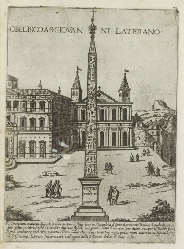 Obelisco a S. Giovanni Laterano, Lateran Obelisk behind St. John Lateran in Rome, Ornamenti di fabriche antichi et moderni dell' alma citta di Roma, Modern and ancient monuments and buildings in Rome, print, album page, View of the Lateran in Rome with the rear of the Basilica of St. John Lateran, the Lateran Palace, the Lateran Baptistery and the Lateran Obelisk. Text in Italian in bottom margin., number: '46', printmaker: Giovanni Maggi, Rome, after drawing by Giovanni Maggi, publisher: Andrea Vaccari, Italy, grantor of privilege: Papal Court, Vatican City, dedicated by: Andrea Vaccari, dedicated to: Amerigo Capponi, 1576 - 1618, 1600, Giovanni Maggi, Andrea Vaccari, Papal Court, Amerigo Capponi, printmaker, after drawing by, publisher, grantor of privilege, paper, etching, height 215 mm x width 155 mm, This print is part of a series of 20 prints (title print)., square, circus, church (exterior), obelisk, needle, St. John Lateran, Lateran Palace, Piazza di San Giovanni in Laterano, L...