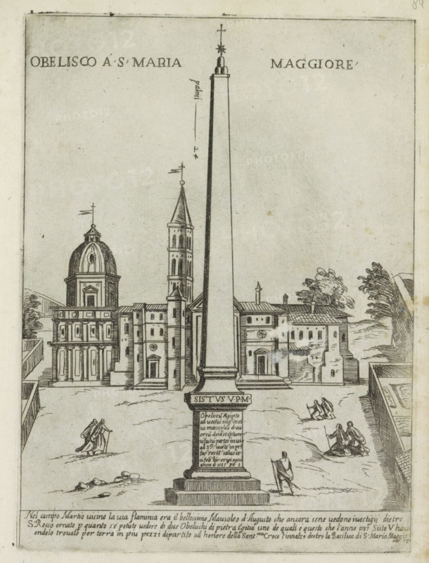 Obelisco a S. Maria Maggiore, Obelisk in front of Santa Maria Maggiore, Modern and ancient monuments and buildings in Rome, Ornamenti di fabriche antichi et moderni dell' alma citta di Roma, print, album page, The Colonna della Pace (obelisk) in the Piazza di Santa Maria Maggiore in front of Santa Maria Maggiore in Rome. Italian text in bottom margin. Print is part of an album., number: '46', printmaker: Giovanni Maggi, Rome, after drawing by Giovanni Maggi, publisher: Andrea Vaccari, Italy, grantor of privilege: Papal Court, Vatican City, dedicated by: Andrea Vaccari, dedicated to: Amerigo Capponi, 1576 - 1618, 1600, Giovanni Maggi, Andrea Vaccari, Papal Court, Amerigo Capponi, printmaker, after drawing by, publisher, grantor of privilege, paper, etching, height 215 mm x width 156 mm, This print is part of a series of 20 prints (title print)., church (exterior), obelisk, needle, Santa Maria Maggiore (Rome), Colonna della Pace, Piazza di Santa Maria Maggiore, A tall obelisk stands cent...