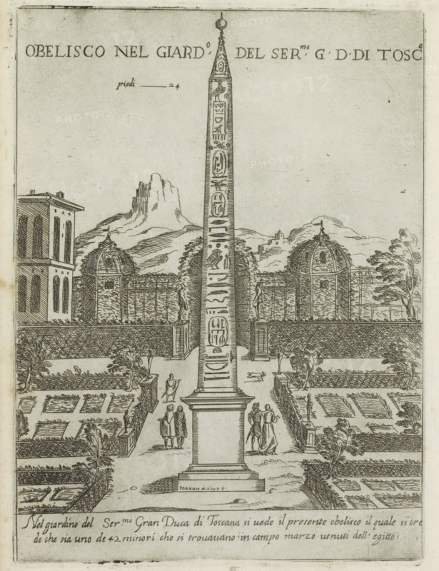 Obelisco nel giard.o del ser.mo GD Di Tosc.a, Egyptian obelisk in the garden of the Villa Medici in Rome, Modern and ancient monuments and buildings in Rome, Ornamenti di fabriche antichi et moderni dell' alma citta di Roma, print, album page, Text in Italian in bottom margin., number: '47', printmaker: Giovanni Maggi, Rome, after drawing by Giovanni Maggi, publisher: Andrea Vaccari, Italy, grantor of privilege: Papal Court, Vatican City, dedicated by: Andrea Vaccari, dedicated to: Amerigo Capponi, 1576 - 1618, 1600, Giovanni Maggi, Andrea Vaccari, Papal Court, Amerigo Capponi, printmaker, after drawing by, publisher, grantor of privilege, paper, etching, height 210 mm x width 156 mm, This print is part of a series of 20 prints (title print)., milestone, Villa Medici (Rome), A tall, narrow obelisk stands centered on a stepped rectangular base within a formal garden, its shaft decorated with a series of carved oval and linear motifs. Symmetrical garden beds with low hedges and planted s...
