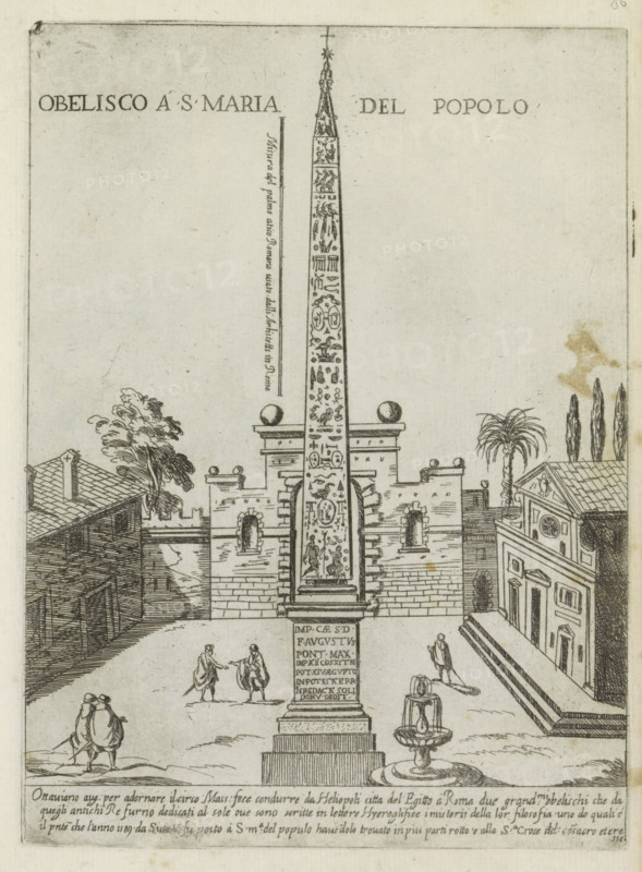 Obelisco a S. Maria del Popolo, The Egyptian obelisk of Ramses II in Piazza del Popolo in Rome, Ornamenti di fabriche antichi et moderni dell' alma citta di Roma, Modern and ancient monuments and buildings in Rome, print, album page, Text in Italian in the lower margin., number: '47', printmaker: Giovanni Maggi, Rome, after drawing by Giovanni Maggi, publisher: Andrea Vaccari, Italy, grantor of privilege: Papal Court, Vatican City, dedicated by: Andrea Vaccari, dedicated to: Amerigo Capponi, 1576 - 1618, 1600, Giovanni Maggi, Andrea Vaccari, Papal Court, Amerigo Capponi, printmaker, after drawing by, publisher, grantor of privilege, paper, etching, height 212 mm x width 155 mm, This print is part of a series of 20 prints (title print)., square, circus, church (exterior), city-gate, obelisk, needle, Piazza del Popolo, Santa Maria del Popolo, Porta del Popolo, A tall, narrow obelisk with carved decorative panels stands on a stepped pedestal in a paved square, flanked by a low stone wall ...