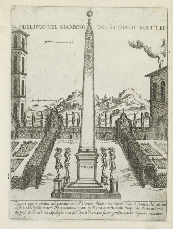 Obelisk in the garden of Ciriaco Mattei, Obelisco nel giardino del S ciriaco Mattei, Ornamenti di fabriche antichi et moderni dell' alma citta di Roma, Modern and ancient monuments and buildings in Rome, print, album page, The Egyptian obelisk in the garden of Ciriaco Mattei in Rome. Italian text in bottom margin. Print is part of an album., number: '48', printmaker: Giovanni Maggi, Rome, after drawing by Giovanni Maggi, publisher: Andrea Vaccari, Italy, grantor of privilege: Papal Court, Vatican City, dedicated by: Andrea Vaccari, dedicated to: Amerigo Capponi, 1576 - 1618, 1600, Giovanni Maggi, Andrea Vaccari, Papal Court, Amerigo Capponi, printmaker, after drawing by, publisher, grantor of privilege, paper, etching, height 215 mm x width 158 mm, This print is part of a series of 20 prints (title print)., garden, obelisk, needle, A tall, narrow obelisk stands on a stepped pedestal in the center of a formal garden, flanked by pairs of twisted statues on individual plinths. Long, ornat...