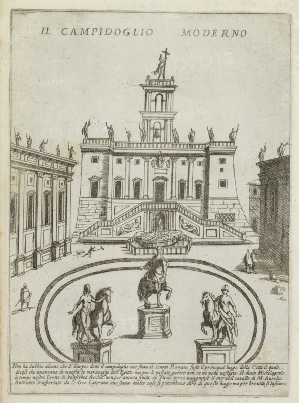 Il Campidoglio moderno, Capitol in Rome, Ornamenti di fabriche antichi et moderni dell' alma citta di Roma, Modern and ancient monuments and buildings in Rome, print, album page, View of the Capitoline Hill in Rome. Italian text in bottom margin. Print is part of an album., number: '49', printmaker: Giovanni Maggi, Rome, after drawing by Giovanni Maggi, publisher: Andrea Vaccari, Italy, grantor of privilege: Papal Court, Vatican City, dedicated by: Andrea Vaccari, dedicated to: Amerigo Capponi, 1576 - 1618, 1600, Giovanni Maggi, Andrea Vaccari, Papal Court, Amerigo Capponi, printmaker, after drawing by, publisher, grantor of privilege, paper, etching, height 215 mm x width 156 mm, This print is part of a series of 20 prints (title print)., church (exterior), obelisk, needle, Capitoline Hill, Piazza del Campidoglio, A detailed ink drawing of a formal square with a large central building featuring a stepped facade, balustraded terraces, and a tower topped by a statue holding a cross, fla...