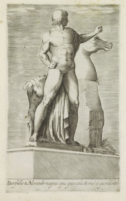 Sculpture of one of the Dioscuri on the Quirinal in Rome, Bucephalus & Alexander magnus opus, Ancient sculptures in Rome, Antiquarum statuarum urbis Romae quae in publicis locis visuntur icones, print, album page, One of the two statues of the Dioscuri (Castor and Pollux), two naked men with horses. Previously interpreted as the artists Pheidias and Praxiteles. The statues stand in the Piazza del Quirinale in Rome. Caption in Latin. Print is part of an album., number: '9', printmaker, publisher, Rome, Italy, paper, engraving, height 224 mm x width 144 mm, This print is part of a set of 79 prints (title print) depicting ancient sculptures in Rome., piece of sculpture, reproduction of a piece of sculpture, Quirinal, A grayscale engraved image of a classical marble statue depicting a nude male figure standing with weight on one leg and the other slightly bent, shown from behind and turned in profile with short wavy hair; one arm is bent at the elbow with a clenched fist near the waist whi...