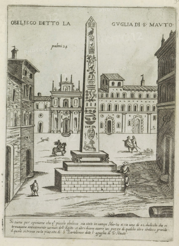 Obelisco detto la Guglia di S. Mauto, Obelisk in Rome, Modern and ancient monuments and buildings in Rome, Ornamenti di fabriche antichi et moderni dell' alma citta di Roma, print, album page, Egyptian obelisk in a square in front of a church in Rome. Text in Italian in the lower margin., number: '49', printmaker: Giovanni Maggi, Rome, after drawing by Giovanni Maggi, publisher: Andrea Vaccari, Italy, grantor of privilege: Papal Court, Vatican City, dedicated by: Andrea Vaccari, dedicated to: Amerigo Capponi, 1576 - 1618, 1600, Giovanni Maggi, Andrea Vaccari, Papal Court, Amerigo Capponi, printmaker, after drawing by, publisher, grantor of privilege, paper, etching, height 215 mm x width 156 mm, This print is part of a series of 20 prints (title print)., obelisk, needle, An etched scene shows a tall, narrow obelisk on a stepped rectangular base with carved decorative panels running vertically along its face; surrounding the obelisk are buildings with arched windows and doorways, one fa...