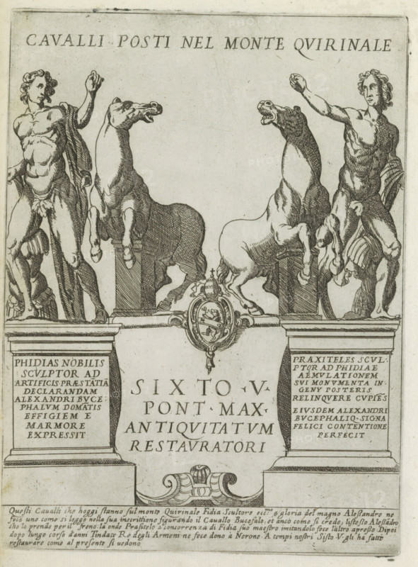 Dioscures on the Quirinal, Cavalli posti nel monte Quirinale, Modern and ancient monuments and buildings in Rome, Ornamenti di fabriche antichi et moderni dell' alma citta di Roma, print, album page, Two statues of the Dioscuri (Castor and Pollux), two naked men with horses, seen from behind. Previously interpreted as the artists Pheidias and Praxiteles. The statues stand in the Piazza del Quirinale in Rome. Text in Italian in the lower margin., number: '50', printmaker: Giovanni Maggi, Rome, after drawing by Giovanni Maggi, publisher: Andrea Vaccari, Italy, grantor of privilege: Papal Court, Vatican City, dedicated by: Andrea Vaccari, dedicated to: Amerigo Capponi, 1576 - 1618, 1600, Giovanni Maggi, Andrea Vaccari, Papal Court, Amerigo Capponi, printmaker, after drawing by, publisher, grantor of privilege, paper, etching, height 215 mm x width 156 mm, This print is part of a series of 20 prints (title print)., piece of sculpture, reproduction of a piece of sculpture, Quirinal, A symme...
