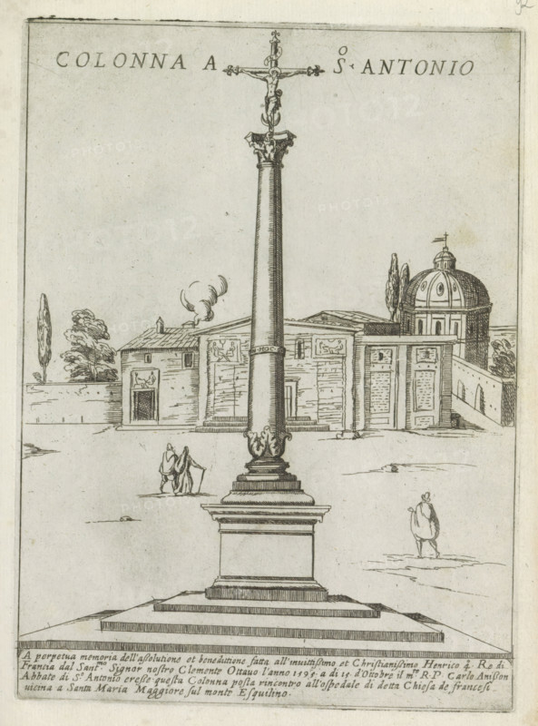 Column of Marcus Aurelius in Rome, Colonna a S. Antonio, Modern and ancient monuments and buildings in Rome, Ornamenti di fabriche antichi et moderni dell' alma citta di Roma, print, album page, In the background a church. Italian text in bottom margin. Print is part of an album., number: '50', printmaker: Giovanni Maggi, Rome, after drawing by Giovanni Maggi, publisher: Andrea Vaccari, Italy, grantor of privilege: Papal Court, Vatican City, dedicated by: Andrea Vaccari, dedicated to: Amerigo Capponi, 1576 - 1618, 1600, Giovanni Maggi, Andrea Vaccari, Papal Court, Amerigo Capponi, printmaker, after drawing by, publisher, grantor of privilege, paper, etching, height 215 mm x width 157 mm, This print is part of a series of 20 prints (title print)., triumphal column with helical friezes, Column of Mark Aurelius, A tall, ornate column stands on a stepped square base in the center of a plaza, topped by a decorative capital and a crucifix with a figure on it; behind the column is a low build...