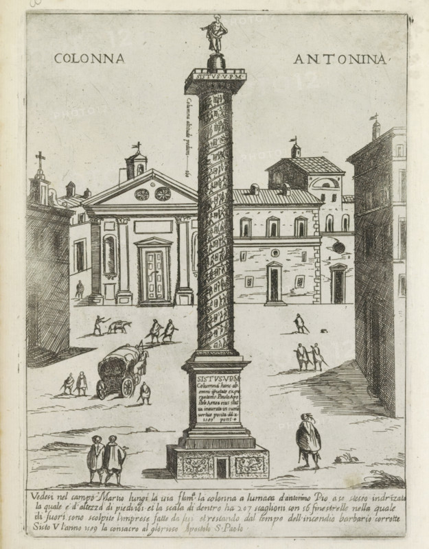 Colonna Antonina, Column of Antoninus Pius in Rome, Ornamenti di fabriche antichi et moderni dell' alma citta di Roma, Modern and ancient monuments and buildings in Rome, print, album page, View of the Campus Martius with the Column of Antoninus Pius. Text in Italian in the lower margin., number: '51', printmaker: Giovanni Maggi, Rome, after drawing by Giovanni Maggi, publisher: Andrea Vaccari, Italy, grantor of privilege: Papal Court, Vatican City, dedicated by: Andrea Vaccari, dedicated to: Amerigo Capponi, 1576 - 1618, 1600, Giovanni Maggi, Andrea Vaccari, Papal Court, Amerigo Capponi, printmaker, after drawing by, publisher, grantor of privilege, paper, etching, height 215 mm x width 156 mm, This print is part of a series of 20 prints (title print)., triumphal column with helical friezes, Campus Martius, Column of Antoninus Pius, A tall spiraled column topped with a statue stands centrally in a plaza flanked by classical buildings with pediments, columns, and arched windows; small ...