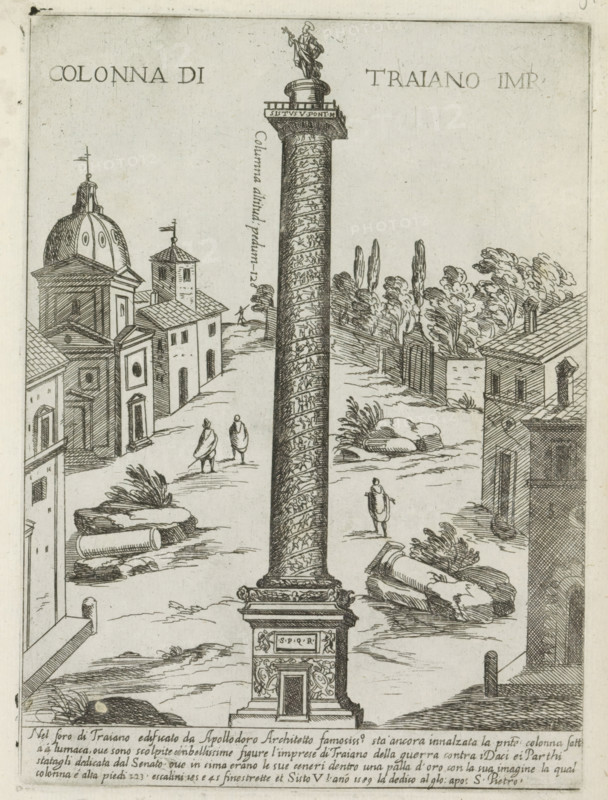 Colonna di Traiano imp., Column of Trajan in Rome, Ornamenti di fabriche antichi et moderni dell' alma citta di Roma, Modern and ancient monuments and buildings in Rome, print, album page, View of the Forum of Trajan in Rome, with the Column of Trajan. Text in Italian in the lower margin., number: '51', printmaker: Giovanni Maggi, Rome, after drawing by Giovanni Maggi, publisher: Andrea Vaccari, Italy, grantor of privilege: Papal Court, Vatican City, dedicated by: Andrea Vaccari, dedicated to: Amerigo Capponi, 1576 - 1618, 1600, Giovanni Maggi, Andrea Vaccari, Papal Court, Amerigo Capponi, printmaker, after drawing by, publisher, grantor of privilege, paper, etching, height 213 mm x width 156 mm, This print is part of a series of 20 prints (title print)., triumphal column with helical friezes, Trajan's Column, Trajan's Forum, A tall ornate column with a spiraling relief runs vertically through the center of the image, topped by a pedestal and a small statue of a robed figure holding an...