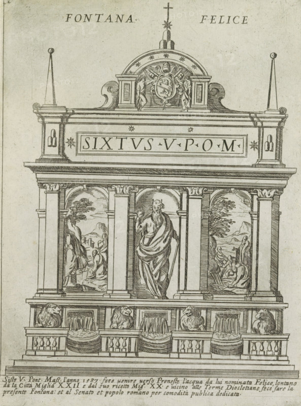 Fontana dell'Acqua Felice, Fontana Felice, Ornamenti di fabriche antichi et moderni dell' alma citta di Roma, Modern and ancient monuments and buildings in Rome, print, album page, Text in Italian below the image., number: '53', printmaker: Giovanni Maggi, Rome, publisher: Andrea Vaccari, Italy, grantor of privilege: Papal Court, Vatican City, dedicated to: Amerigo Capponi, 1576 - 1618, 1600, paper, etching, height 215 mm x width 159 mm, This print is part from a series of 20 prints (title print)., ornamental fountain, A tall architectural façade drawn in fine black lines on a light background featuring a central niche with a robed standing figure seen from behind, flanked by arched panels containing landscape scenes with trees and small human figures, all set within a classical arrangement of columns and pilasters topped by a broad entablature and a decorative pediment with a central cartouche flanked by small standing figures and surmounted by a rounded arch and a cross. The entablat...