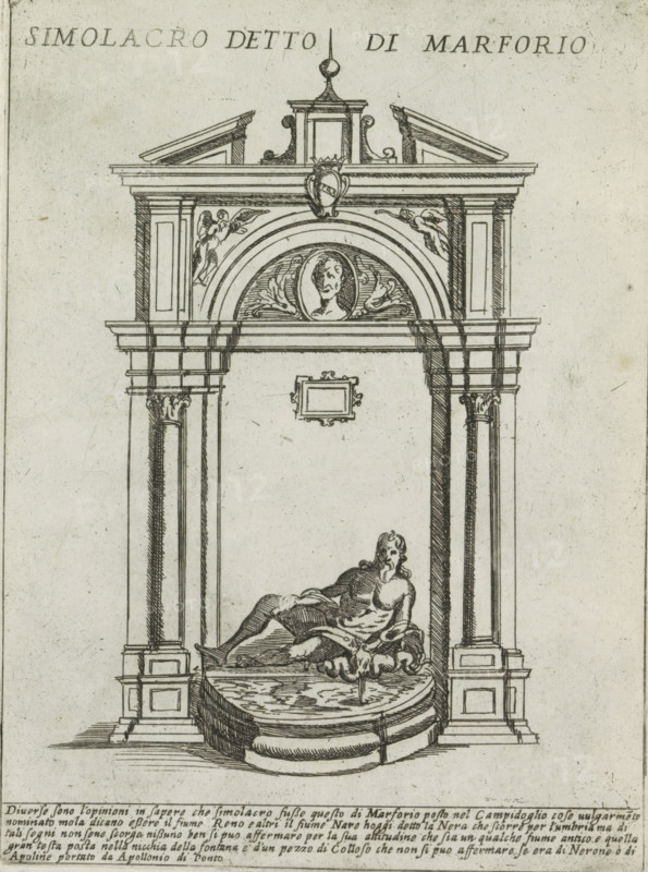 Simolacro detto di Marforio, Fountain with the statue of Marforio, Ornamenti di fabriche antichi et moderni dell' alma citta di Roma, Modern and ancient monuments and buildings in Rome, print, album page, Sculpture of Marforio, one of the talking statues in Rome. Text in Italian below the image., number: '53', printmaker: Giovanni Maggi, Rome, after drawing by Giovanni Maggi, publisher: Andrea Vaccari, Italy, grantor of privilege: Papal Court, Vatican City, dedicated by: Andrea Vaccari, dedicated to: Amerigo Capponi, 1576 - 1618, 1600, Giovanni Maggi, Andrea Vaccari, Papal Court, Amerigo Capponi, printmaker, after drawing by, publisher, grantor of privilege, paper, etching, height 215 mm x width 159 mm, This print is part of a series of 20 prints (title print)., piece of sculpture, reproduction of a piece of sculpture, ornamental fountain, Forum Romanum, A black and white ink architectural engraving showing a classical archway with ornate columns and a pediment, a semicircular arch wit...