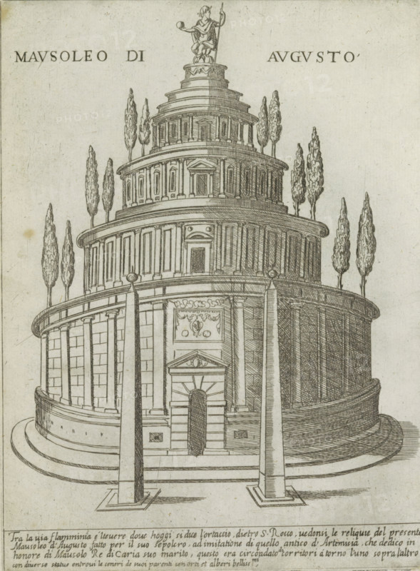 Mausoleum of Augustus in Rome, Mausoleo di Augusto, Modern and ancient monuments and buildings in Rome, Ornamenti di fabriche antichi et moderni dell' alma citta di Roma, print, album page, Text in Italian below the image., number: '54', printmaker: Giovanni Maggi, Rome, after drawing by Giovanni Maggi, publisher: Andrea Vaccari, Italy, grantor of privilege: Papal Court, Vatican City, dedicated by: Andrea Vaccari, dedicated to: Amerigo Capponi, 1576 - 1618, 1600, Giovanni Maggi, Andrea Vaccari, Papal Court, Amerigo Capponi, printmaker, after drawing by, publisher, grantor of privilege, paper, etching, height 216 mm x width 157 mm, This print is part from a series of 20 prints (title print)., mausoleum, Mausoleum of Augustus, A detailed ink drawing of a multi-tiered round structure with concentric circular platforms and columns, topped by a small statue of a robed figure holding a staff and a sphere; the tiers show architectural details such as pilasters, framed doorways, decorative pan...