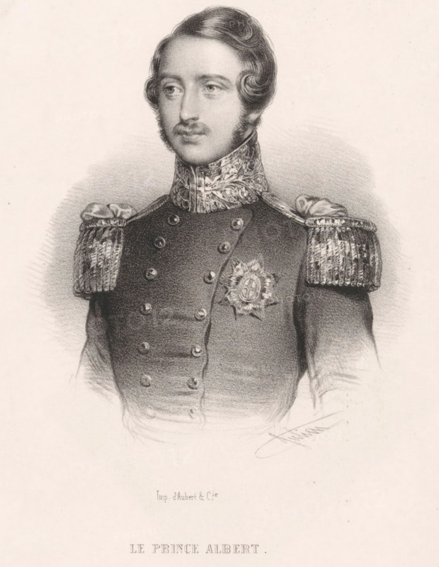 Portrait of Albert, Prince of Saxe-Coburg and Gotha, print, printmaker: Bernard Romain Julien, printer (person): Aubert & Cie., Paris, 1840 - 1847, paper, lithography, lithografie, height 185 mm x width 152 mm, Person, Albert (Prince of Saxe-Coburg and Gotha), A monochrome portrait of a young man shown from the waist up wearing a decorated military-style uniform with a high embroidered collar and braided epaulettes on the shoulders; his hair is styled in smooth waves with sideburns and a mustache, his expression is neutral as he gazes slightly to the side, and a star-shaped medal is pinned to the left side of his chest.