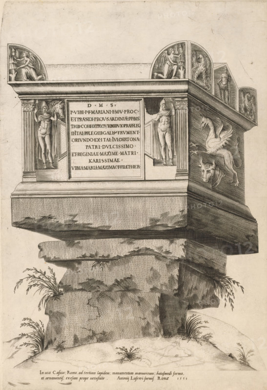 Tomb monument on the Via Cassia, Speculum Romanae Magnificentiae, print, album page, Roman tomb monument for Publius Vibius Marianus, also known as the Tomb of Nero, on the Via Cassia in Rome. A sarcophagus on a stack of large marble blocks. Print is part of an album., number: '76', number: '1', printmaker, publisher, Rome, Italy, paper, engraving, intaglio printmaking technique, height 455 mm x width 305 mm, This print belongs to the print corpus known as the 'Speculum Romanae Magnificentiae' ('Mirror of Roman Splendor'). This corpus, consisting of prints depicting artworks and buildings from ancient and modern Rome, originated with publishers Antonio Salamanca and Antonio Lafreri. These two foreign publishers joined forces in Rome during the period 1553–1563. Their prints soon became immensely popular among tourists and collectors, who purchased the prints individually or in large groups. Large groups of Speculum prints were often bound together in albums upon request. Several Specul...