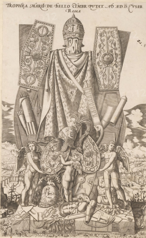Trophy of Marius, Trophea Marii de bello Cymbr. putat. ab aed. D. Euseb. Romae, Speculum Romanae Magnificentiae, print, album page, Trophy of the Roman army commander Marius on the Capitol in Rome. Print is part of an album., number: '...', number: '72', number: '80', inscription: '... lib. full. 23. fol. 396 ...lib. full. 10. fol. 14...lib. full. 6. ... 2. vol. 119.lib. full. 21. fol. 463. 464.', printmaker, Italy, paper, engraving, intaglio printmaking technique, height 383 mm x width 240 mm, This print belongs to the print corpus known as the 'Speculum Romanae Magnificentiae' ('Mirror of Roman Splendor'). This corpus, consisting of prints depicting artworks and buildings from ancient and modern Rome, originated with publishers Antonio Salamanca and Antonio Lafreri. These two foreign publishers joined forces in Rome during the period 1553–1563. Their prints quickly became immensely popular among tourists and collectors, who purchased the prints individually or in large groups. Large ...