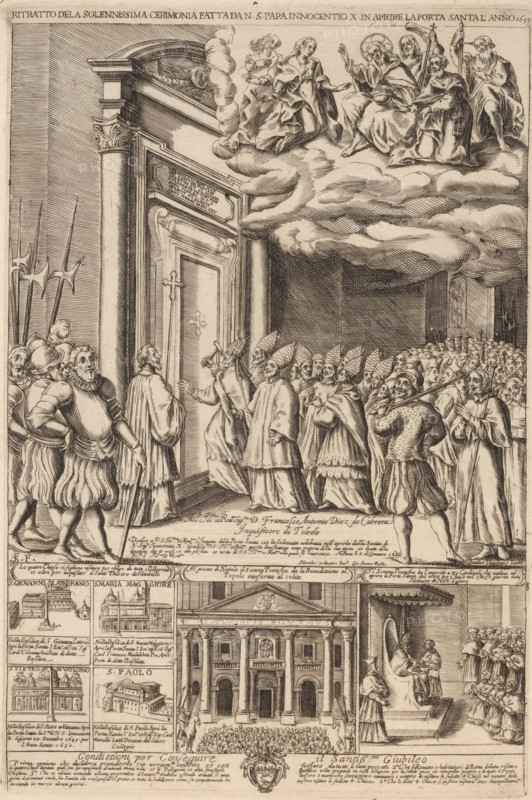 Record of the solemn ceremony done by Pope Innocent X opening the Holy Door in the year 1650, Innocent X opens the Holy Door, print, album page, Pope Innocent X opens the Holy Door in St. Peter's Basilica on the occasion of the opening of the Holy Year 1650. Print is part of an album., inscription: '... lib. vol. 23. fol. 16 ... lib. vol. 21. fol. 13.', number: '127', number: '1', number: '83', printmaker: Monogrammist FS (17th century), after design by Rutilius Dandinus, publisher: Giovanni Giacomo de' Rossi, Rome, dedicated by: Giovanni Giacomo de' Rossi, dedicated to: Francisco Antonio Díez de Cabrera, c. 1650, Monogrammist FS (17th century), Rutilius Dandinus, Giovanni Giacomo de' Rossi, Francisco Antonio Díez de Cabrera, printmaker, after design by, publisher, paper, engraving, intaglio printmaking technique, height 434 mm x width 288 mm, Person, Innocentius (non-narrative representations), Vatican City, St. Peter's Basilica, St. Paul Outside the Walls, St. John Lateran, Santa Mar...