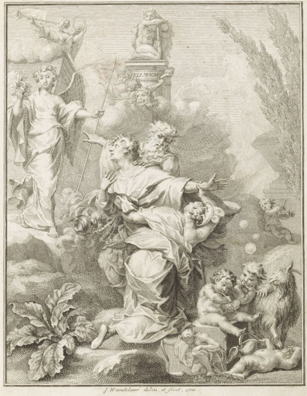 Allegorical representation with Telemachus, Title page front: François Fénelon and Sybrand Feitama, Telemachus, 1733, print, title page, Telemachus looks up longingly at a winged figure, which an old man points out to him. He is restrained by a woman, with an incense burner in her hands. In the background, near a monument, a lion with bundled arrows, Poetry, and a female figure pointing at a book. In the upper left, Fame blows the trumpet, in her hands a symbol of eternity. On the right, a putto stabs himself through the heart with a dagger. In the foreground, putti blowing bubbles near a goat., printmaker: Jan Wandelaar, publisher: Pieter Visser, Amsterdam, publisher: Adriaan Slaats, 1731, paper, etching, engraving, height 181 mm x width 142 mm, Title page front: Fénelon, François and Feitama, Sybrand. Telemachus. Amsterdam: Visser, Pieter, Slaats, Adriaan, 1733. Print originating from a scrapbook with title prints, ornaments, etc. on blue paper, disassembled in 1983. According to a n...