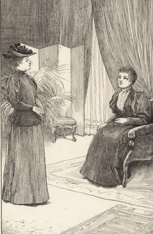 Two women in an interior, drawing, print, book illustration (design), A woman sits in an armchair and looks at a woman with a hat., annotation: 'No II, p. 56.', :, after drawing by Willem Wenckebach, 1870 - 1937, printmaker, draftsman (artist), paint (coating), materials by function, paper, ink, deck paint, printing block, brush, cliché in black updated with brush in black and corrections in white opaque paint, height 260 mm x width 178 mm, interior of the house, armchair, seat, A black and white line drawing of an interior scene showing two women in long dresses and high collars; one woman stands facing left wearing a hat with decorative elements and a fitted jacket with puffed sleeves, her hands clasped near her waist, while the other woman sits on an upholstered chair on the right with one hand resting on the arm and the other on her lap, looking toward the standing woman. Behind them are tall draped curtains and a decorative folding screen partially obscuring large leafy plants, an...