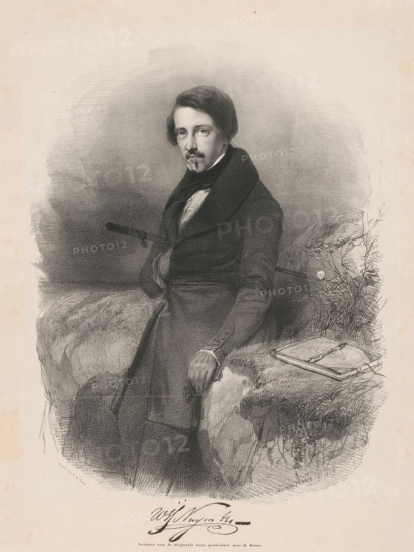 Portrait of Wijnand Nuijen, print, The sitter stands in the open air and leans against a rock. Under his right arm he holds a painter's stick, next to him lies a sketchbook., : '(The undersigned declare that this plate was printed at their lithographic printing house, The Hague June 20, 1839), S.deVisserenZoon', : 'The undersigned declare that this plate was published by them, 1839, JP Beekman Hzn', printmaker: Huib van Hove Bz, after painting by Keizer, printer (person): Salomon de Visser, The Hague, publisher: JP Beekman Hzn., Huib van Hove Bz, Keizer, Salomon de Visser, JP Beekman Hzn., printmaker, after painting by, printer (person), publisher, paper, lithography, lithografie, height 630 mm x width 493 mm, Person, Wijnand Nuijen, historical persons (three-quarter length portrait), painter making preliminary designs, sketching - CC - out of doors, A monochrome portrait shows a man standing and leaning against a textured rock surface, wearing a dark overcoat with a high collar and a ...