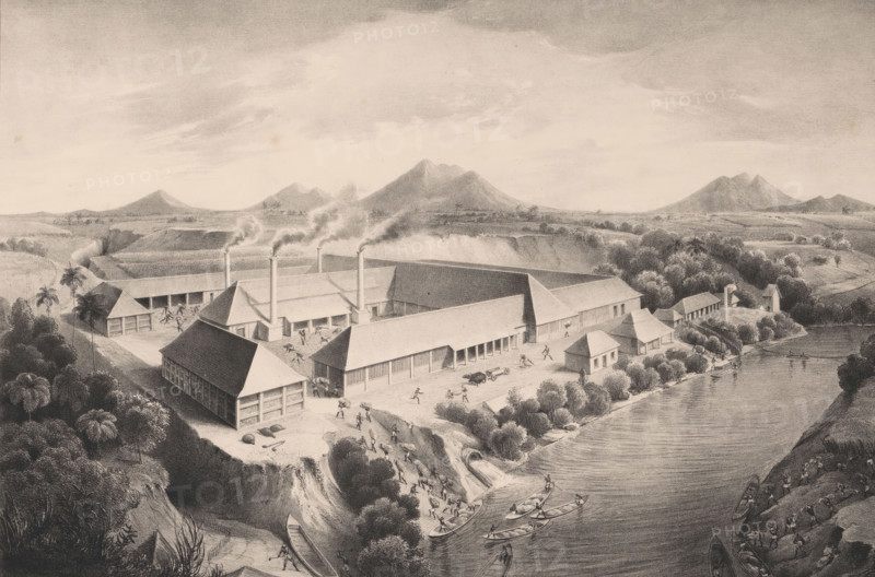 View of the sugar factory in Serpong, La fabrique de sucre, située dans le domaine de Serpon, érigée par mr. JJ van Braam. Ile de Java, Vues de Java, print, album page, The sugar factory in Serpong (West Java) seen from above. The factory is situated by a river, with mountains in the background. Print is part of an album containing a series of six lithographs of views of Java and a title print., printmaker: Willem Jan Gordon, after design by Adrianus Johannes Bik, printer (person): Hilmar Johannes Backer, Dordrecht, publisher: Buffa en Zonen, Frans, Amsterdam, publisher: Goupil, Vibert & Cie., Paris, publisher: Ackermann & Co., London, commissioner (person who orders works): Jan Jacob van Braam, 1842, printer (person), commissioner (person who orders works), paper, lithography, height 693 mm x width 504 mm, Print is part of a series of six., factory in landscape, sugar, Java, West-Java, A wide riverside scene rendered in monochrome shows a complex of long, pitched-roof buildings arrang...