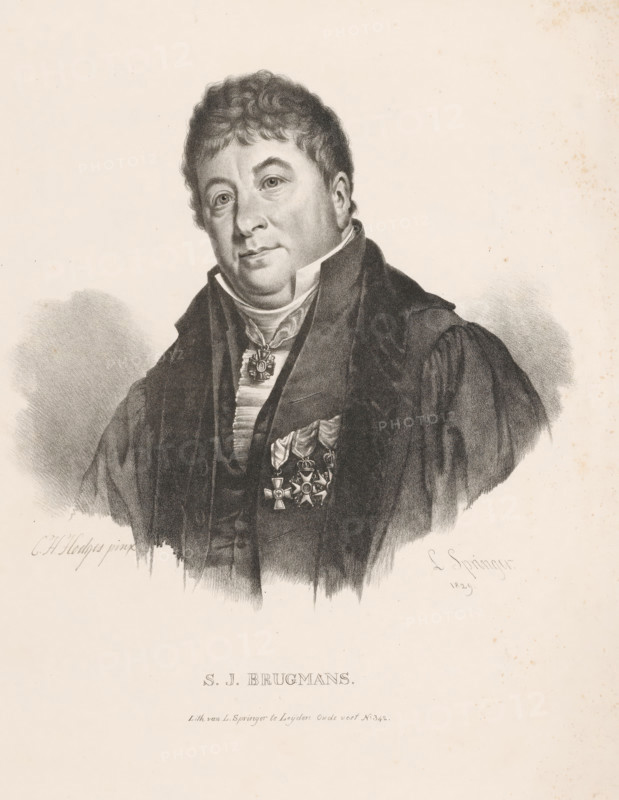 Portrait of Sebald Justinus Brugmans, print, The sitter wears four knightly orders., printmaker: Leendert Springer (I), Leiden, after painting by Charles Howard Hodges, 1829, printer (person), paper, lithography, height 485 mm x width 345 mm, Person, Sebald Justinus Brugmans, historical persons ((full) bust portrait), knighthood order, A monochrome portrait of a middle-aged man shown from the chest up, facing slightly to viewer's left, with short curly hair and a round face, wearing a high-collared shirt and a dark formal coat with a draped outer garment; a decorative medallion hangs at his neck and several ornate medals are pinned to his chest; the shading is rendered in detailed pencil or charcoal with soft shadows around the shoulders and a plain light background.