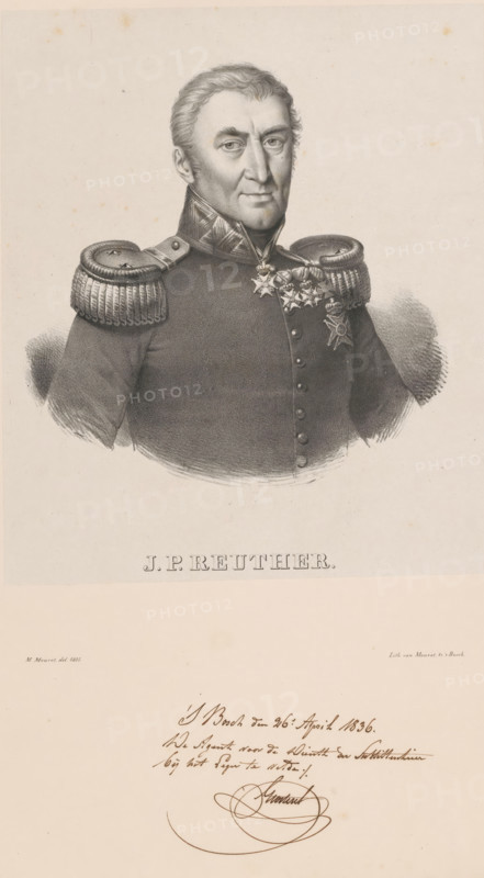 Portrait of Jan Pieter Reuther, print, The sitter wears a military uniform with epaulets and knighthood orders., inscription: 's Bosch, April 26, 1836, The agent for military service, in the field army', printmaker: Michel Mourot, Den Bosch, 1835, printer (person), paper, chine collé, lithography, lithography on chine collé, height 555 mm x width 38 mm, Person, Jan Pieter Reuther, historical persons ((full) bust portrait), knighthood order, A monochrome portrait of a man from the chest up wearing a dark military coat with ornate braided epaulettes and decorative medals on his chest, showing a high collar with patterned trim; the man has short, swept-back hair, prominent eyebrows, and a composed facial expression with visible shading and fine linework; the image has a pale background with subtle paper texture and small specks, and below the portrait there is a lighter area of the page with a flowing handwritten element near the bottom.
