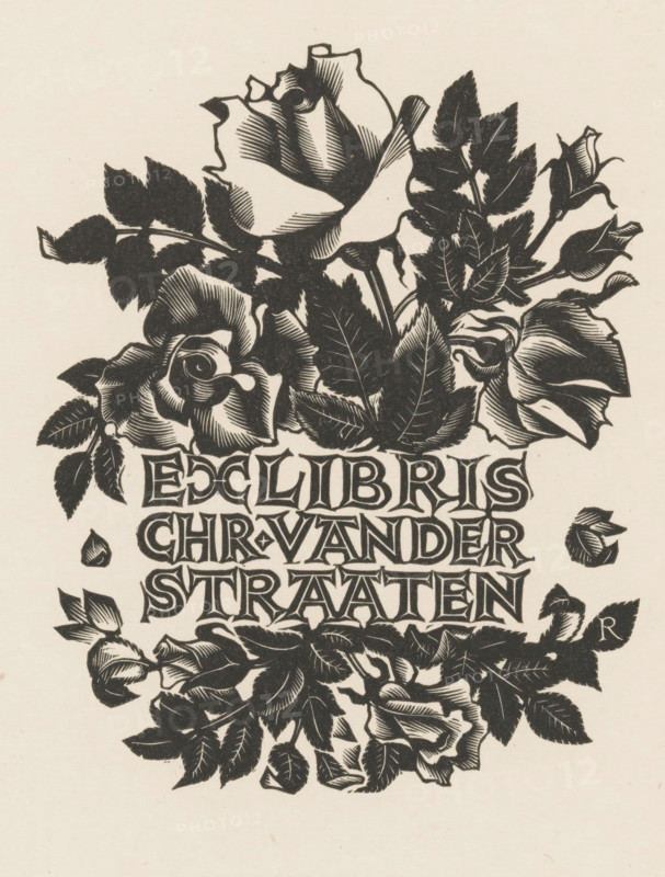 Ex libris of Chr. van der Straaten, bookplate, signature: 'Pam G. Rueter', printmaker: Pam Georg Rueter (signed by artist), Netherlands, 1952, paper, wood engraving, height 125 mm x width 93 mm, Person, Chris van der Straaten, flowers: rose, A detailed black ink illustration of clustered roses and leaves on a light background, showing fully opened blooms, partially opened buds, and pointed leaves with visible veins, arranged in a vertical composition with dense foliage and petal shading.