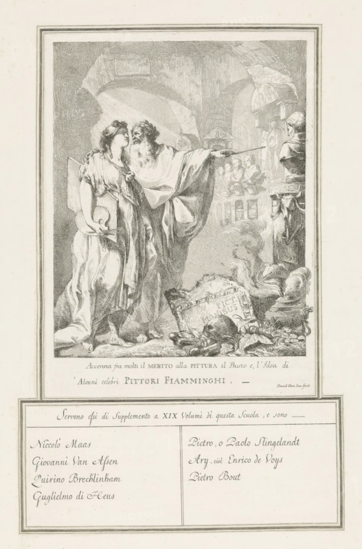 Allegory with personifications of Painting (Pittura) and Merit (Merito), print, Allegory with personifications of Painting (Pittura) and Merit (Merito) amidst ancient ruins, portrait busts, and urns. Merito points out an ancient bust to Pittura. Before them lie ancient architectural fragments, an incense burner, a skull, and bones. The etching is mounted on an album page featuring (presumably by the artist himself) a pen-written table of contents of a print album containing works by and after Flemish and Dutch painters, including Nicolaas Maas, Willem de Heus, Pieter van Slingeland, Pieter Bout, and others., printmaker: Giovanni David, Italy, commissioner (person who orders works): Giacomo Durazzo (possibly), c. 1774 - c. 1776, commissioner (person who orders works), paper, etching, mounted on an album page with pasted edges and inscriptions in pen (presumably by the artist), height 308 mm x width 230 mm, height 650 mm x width 500 mm, The print was presumably commissioned by Giacomo Du...