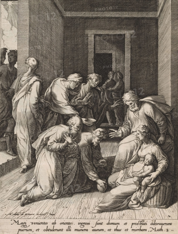 The Adoration of the Magi, Scenes from the Life of Christ, print, album page, Series number, 4, 13, This print is part of an album., printmaker: attributed to Isaac Duchemin, after design by Adriaan de Weerdt, Brussels, 1573, Attributed to, paper, engraving, gravure, height 266 mm x width 220 mm, adoration of the kings: the Wise Men present their gifts to the Christ-child (gold, frankincense and myrrh), A group of robed figures gathered inside a room with paneled walls and a recessed doorway, several people kneeling and reaching toward a seated woman who holds a small child on her lap; one figure leans forward offering a shallow dish while another stands behind with an arm extended, and additional figures stand or kneel in the background and at the room entrance where light and clouds are visible through an opening at the far left.