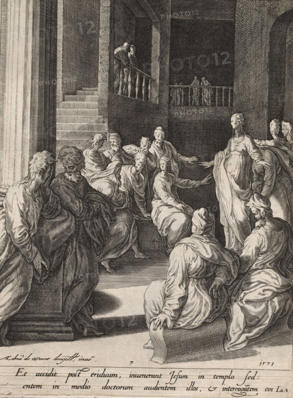 Christ among the scribes, Scenes from the life of Christ, print, album page, Series number, 7, 13, This print is part of an album., printmaker: attributed to Isaac Duchemin, after design by Adriaan de Weerdt, Brussels, 1573, Attributed to, paper, engraving, gravure, height 261 mm x width 199 mm, Christ's dispute with the doctors in the temple, he counts his arguments on his fingers, A monochrome engraving shows a group of robed figures gathered within an architectural interior characterized by columns, steps, and balustrades; several seated and standing figures form a semicircle, their draped garments rendered with fine crosshatching and flowing folds, with one standing figure on the right extending an arm toward a seated figure at center, while other figures lean, converse, or gesture; in the background a staircase rises beside a balcony where additional figures look down, and the scene is framed by tall walls and archways with detailed linear texture.
