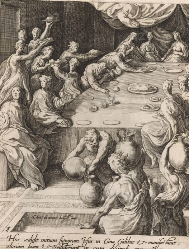 Wedding at Cana, Scenes from the life of Christ, print, album page, Series number, 8, 13, This print is part of an album., printmaker: attributed to Isaac Duchemin, after design by Adriaan de Weerdt, Brussels, 1573, Attributed to, paper, engraving, gravure, height 262 mm x width 201 mm, Christ orders (six) jars to be filled with water, marriage-feast at Cana, A densely hatched black and white engraving shows a crowded banquet scene with figures gathered around a long table covered by a cloth, plates and platters with food, and cups scattered on its surface. People in flowing drapery sit and kneel at the table, some reaching toward dishes while others hold large round jugs or pour from them. A group at one end presents plates toward the table, one person lifting a covered dish above their head. A heavy drapery hangs in the background above the seated figures. The floor has a patterned surface with a recessed rectangular area. The figures display varied postures and gestures, and the ima...