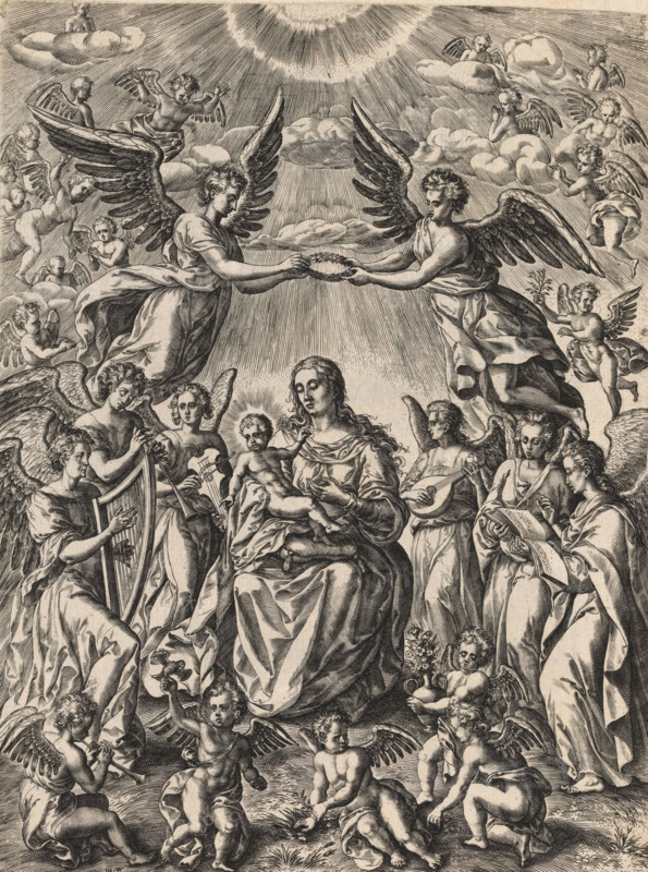 Enthroned Mary with the Christ Child, print, album page, Surrounded by musical angels. This print is part of an album., printmaker: Johannes Wierix, after design by Chrispijn van den Broeck (attributed to), 1566 - 1585, Attributed to, paper, engraving, etching, etching and engraving, height 251 mm x width 187 mm, crowning with laurel, musical instruments, group of musical instruments, Madonna: Mary sitting on the ground, the Christ-child in her lap (angels floating in the air), A detailed monochrome engraving showing a central seated woman holding a small child on her lap, surrounded by many winged figures and putti in flowing drapery. Two large angels above extend a circular wreath toward each other beneath radiating light and clouds. Several angels around the central figures play musical instruments such as a harp and a lute, while others hold books, vessels, or gesture with their hands. Smaller winged children sit and stand at the bottom, some holding objects and others in expressiv...